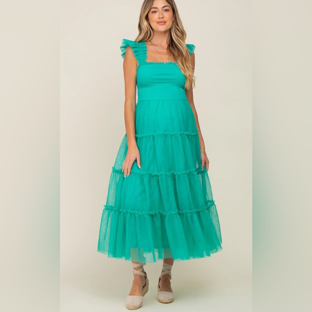 PinkBlush Jade Smocked Mesh Ruffle Accent Maternity Midi Dress